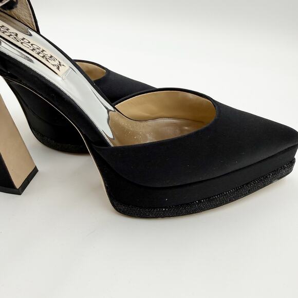 Badgley Mischka Eliana Ankle Strap Crystal Satin Black Platform Block Heel 6.5